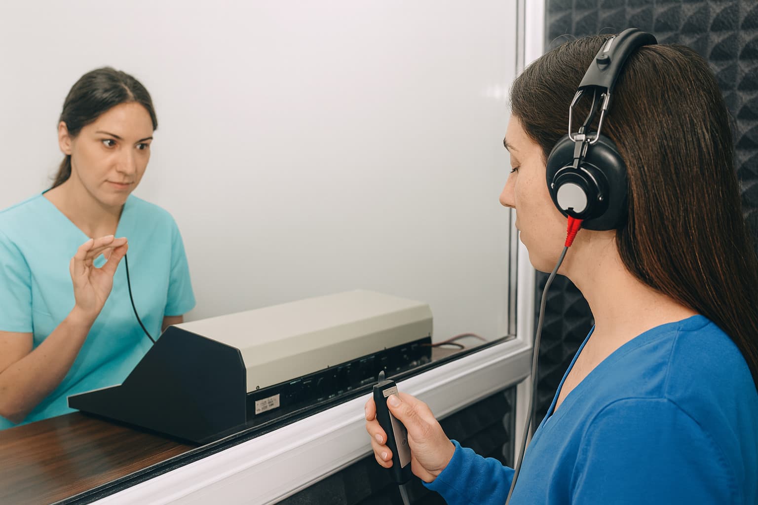 Profesional realizando audiometría con equipamiento de diagnóstico auditivo avanzado en ambiente clínico especializado