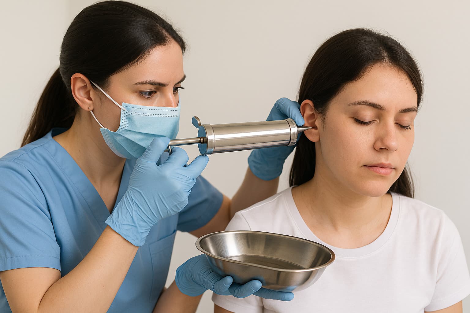 Profesional realizando lavado de oídos con equipamiento especializado en ambiente clínico profesional